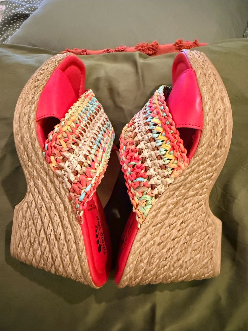 Spring Step Red Multicolor Raffia Wedge Mules - Picture 3 of 14